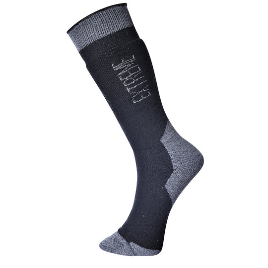 Black extreme cold weather sock with extra-thick fabric for maximum warmth in harsh climates.