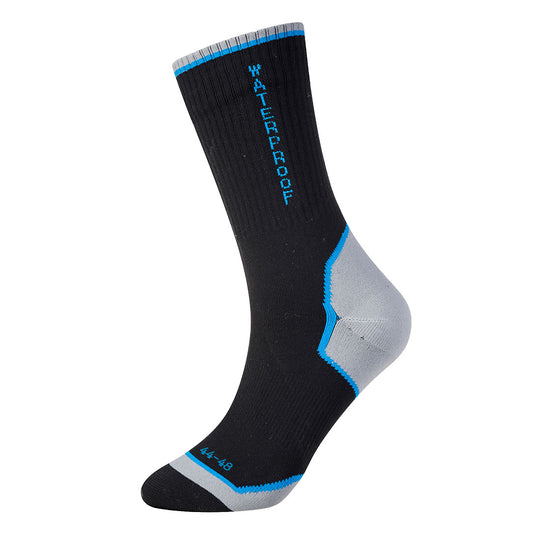 Black waterproof performance sock with seamless construction for dry, comfortable feet.