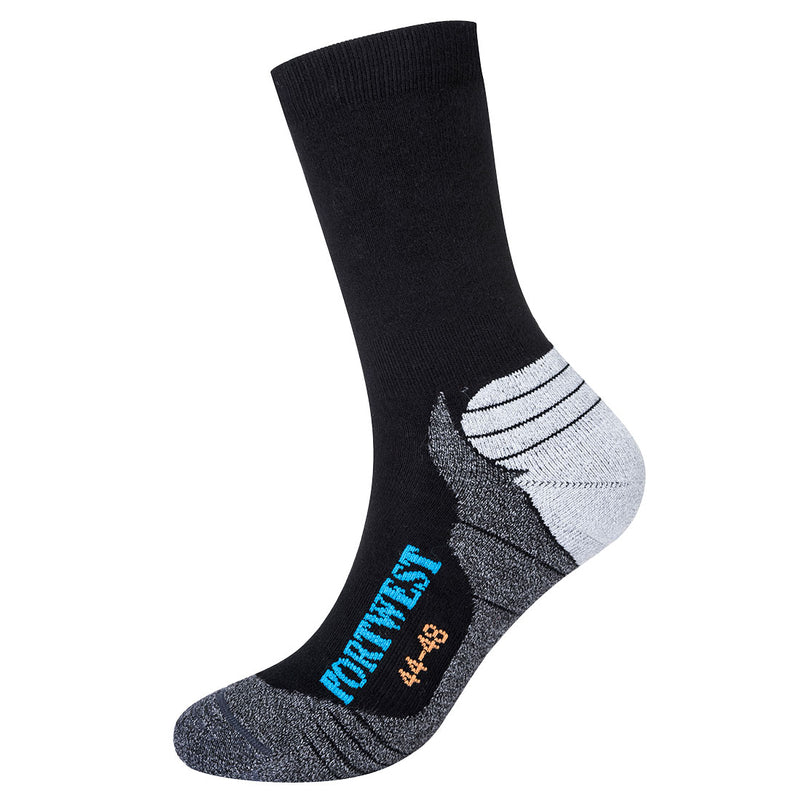 Black bamboo hiker sock with cushioned sole and reinforced heel for outdoor or work use.