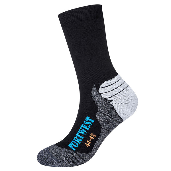 Black bamboo hiker sock with cushioned sole and reinforced heel for outdoor or work use.