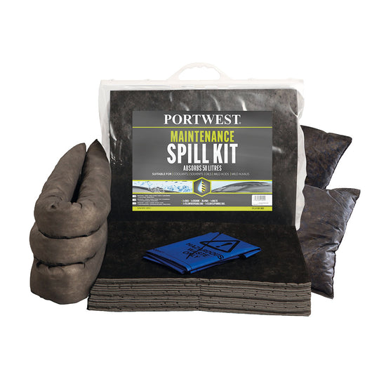 A Portwest 50-litre maintenance spill kit (SM31) packaged in a large, heavy-duty clear bag.