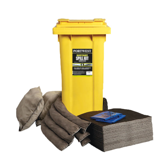 A Portwest 120-litre maintenance spill kit (SM33) contained within a yellow wheelie bin.