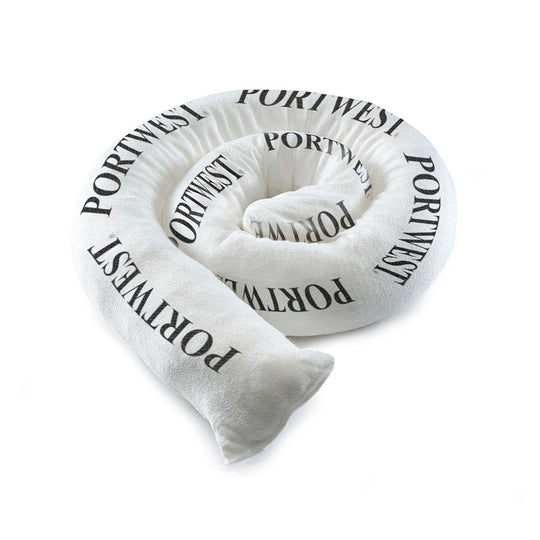 A white, flexible Portwest oil-only absorbent sock (SM40) for containing oil spills.