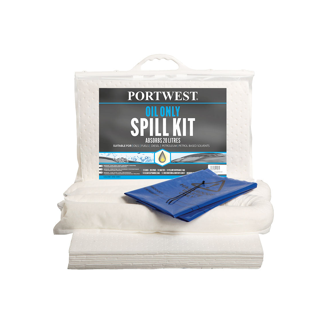 A Portwest 20-litre oil-only spill kit (SM60) shown in its clear emergency carry bag.