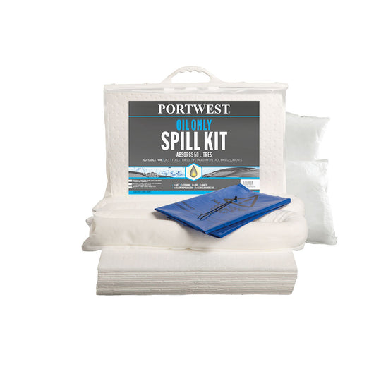 Portwest 50-litre oil-only spill kit SM61 in a white wheeled container with absorbent materials.