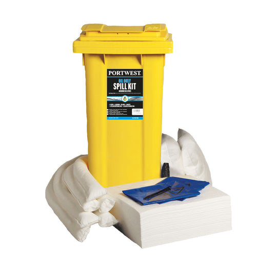 Large 120-litre Portwest oil-only spill kit SM63 in a wheeled bin with absorbents.