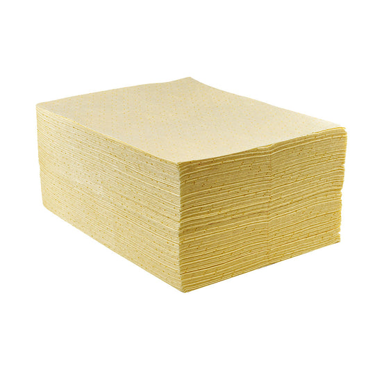 A stack of yellow Portwest chemical absorbent pads SM80.