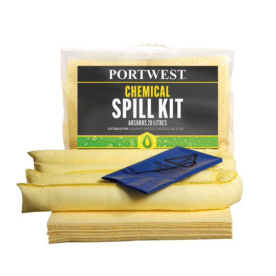 Portwest 20-litre chemical spill kit SM90 in a yellow grab-and-go bag.