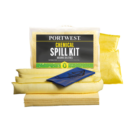 Portwest 50-litre chemical spill kit SM91 in a durable yellow carry bag.