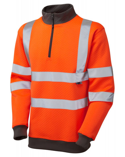 Leo Workwear Brynsworthy 1/4 zip sweatshirt in hi-vis orange.