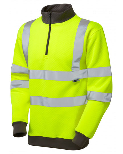 Hi-vis yellow Leo Workwear Brynsworthy 1/4 zip sweatshirt with a comfortable, fleecy interior.