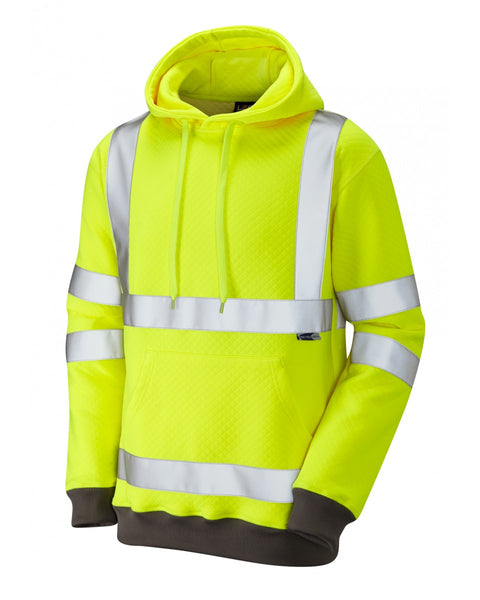Hi-vis yellow Leo Workwear Goodleigh hooded sweatshirt with a front kangaroo pocket and drawstring hood.