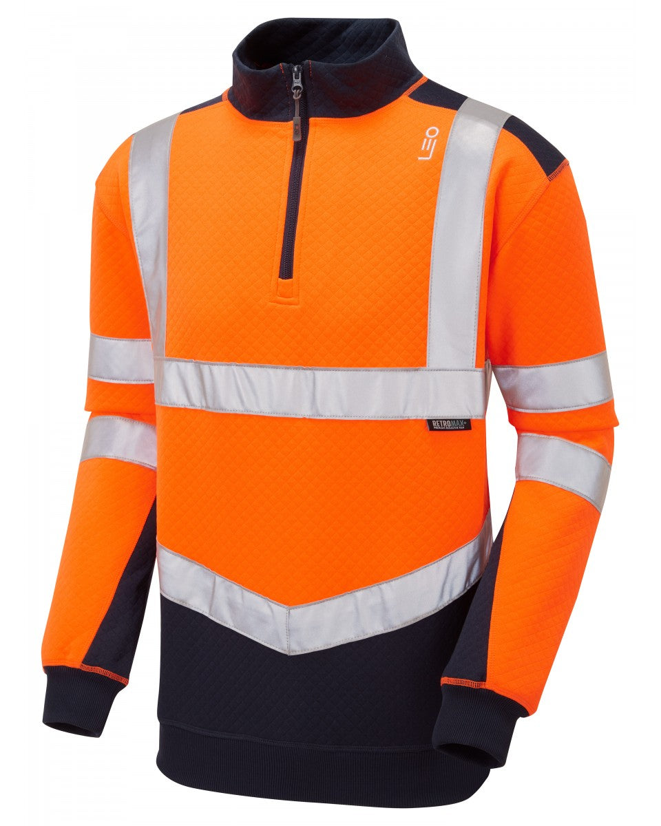 Leo Workwear Tapeley Iso 20471 Cl 2 Ecoviz Pc Dual Colour 1/4 Zip Sweatshirt Hv Orange/Navy