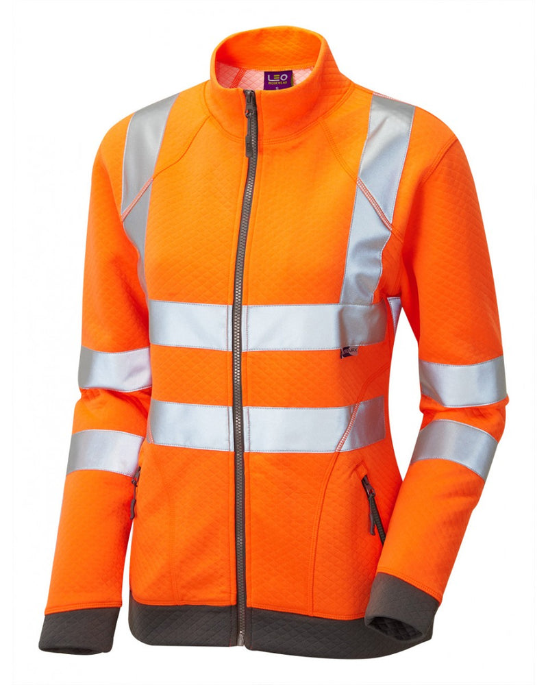 Leo Workwear Hollicombe women's zipped sweatshirt in hi-vis orange, tailored for a feminine fit.
