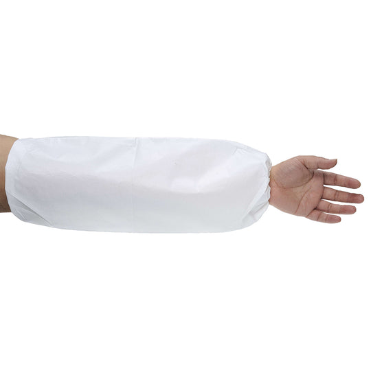White disposable Portwest Biztex microporous sleeve covers ST43 with elasticated ends.