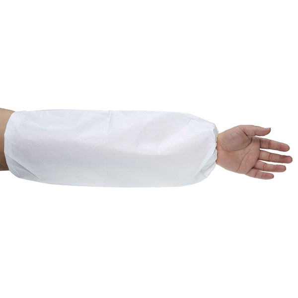 White disposable Portwest Biztex microporous sleeve covers ST43 with elasticated ends.