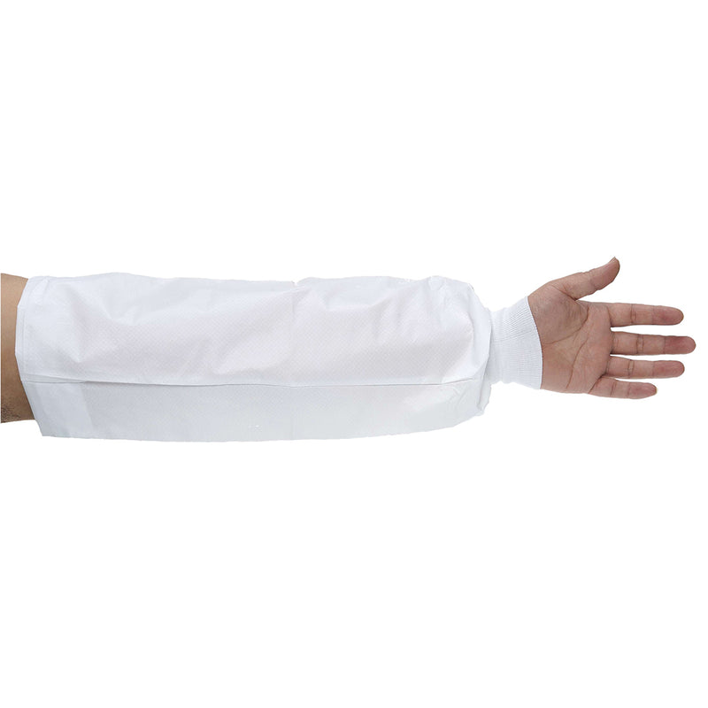 White Portwest Biztex microporous sleeve covers ST47 with comfortable knitted cuffs.