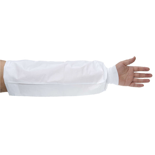 White Portwest Biztex microporous sleeve covers ST47 with comfortable knitted cuffs.