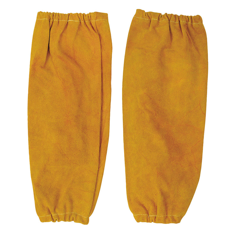 A pair of tan Portwest leather welding sleeves.