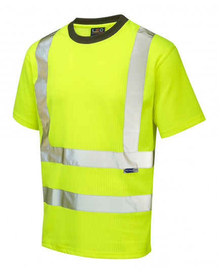 Hi-vis yellow Leo Workwear Newport comfort T-shirt made from soft, durable polyester fabric.