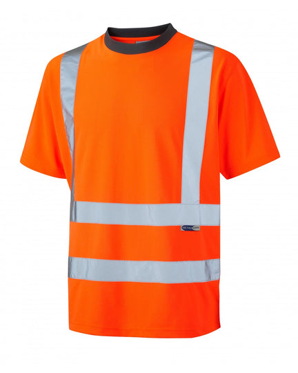Leo Workwear Braunton Coolviz T-shirt in hi-vis orange, made from recycled EcoViz fabric.