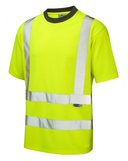 Sustainable Leo Workwear Braunton EcoViz T-shirt in hi-vis yellow with mesh ventilated panels.