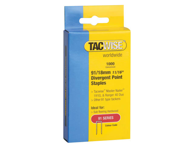 Tacwise 91 Series Divergent Point Staples 18mm - Electric Tackers (Pack 1000)