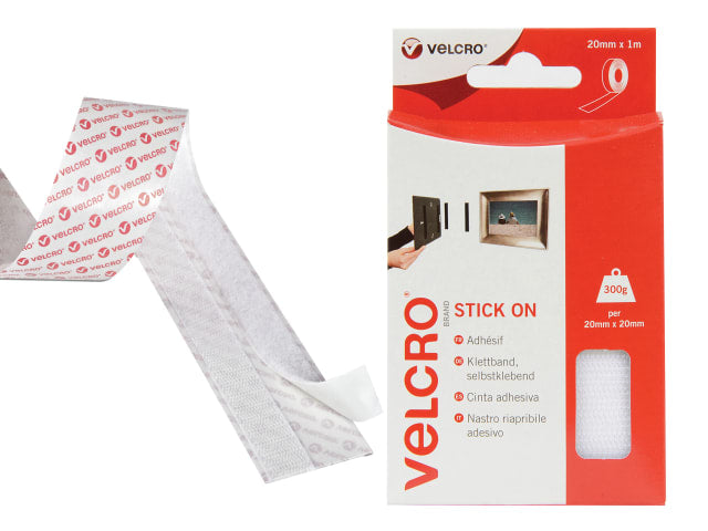 VELCRO® Brand Hook & Loop Stick On Tape 20mm x 1m White