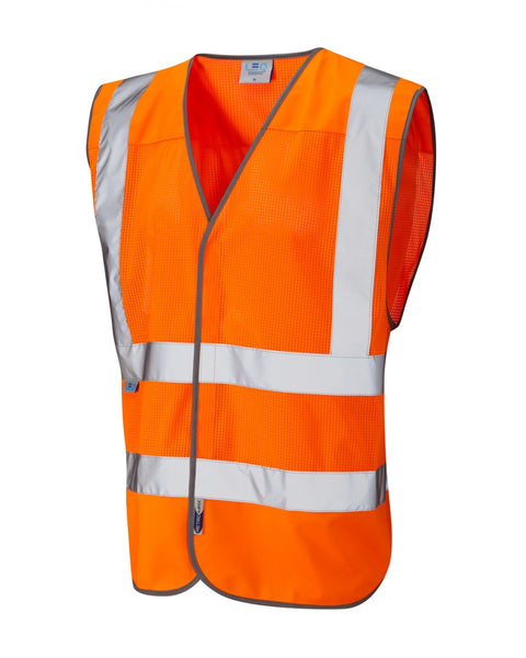 Breathable Leo Workwear Arlington Coolviz waistcoat in hi-vis orange for warm weather comfort.