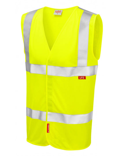 Hi-vis yellow Leo Workwear Milford LFS waistcoat with simple stud fastening and reflective tape.