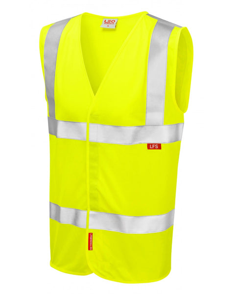 Hi-vis yellow Leo Workwear Milford LFS waistcoat with simple stud fastening and reflective tape.