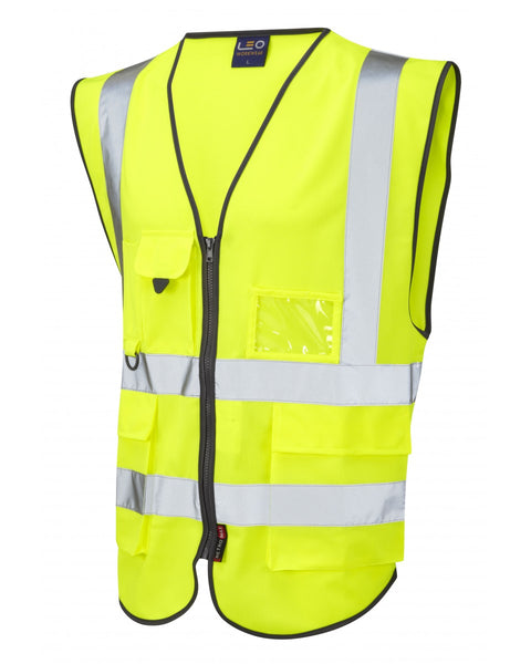 Leo Workwear Lynton ISO 20471 Class 1 superior waistcoat in fluorescent yellow with grey trim.
