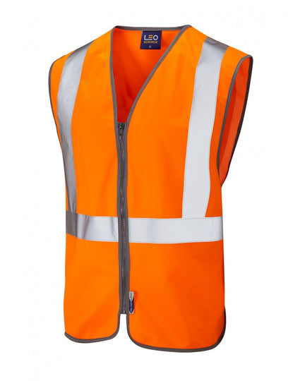 Leo Workwear Eggesford railway zip waistcoat in hi-vis orange, designed for trackside safety.