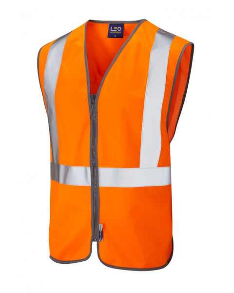 Leo Workwear Eggesford railway zip waistcoat in hi-vis orange, designed for trackside safety.