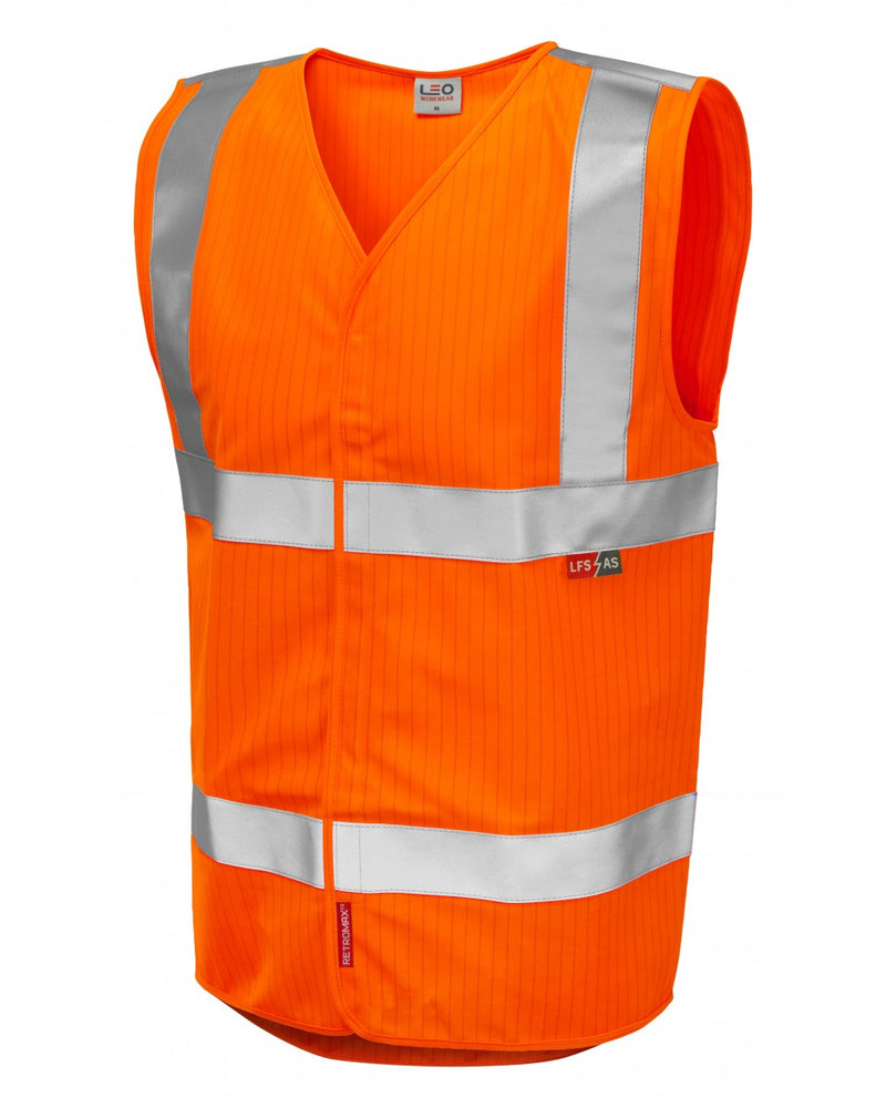 Leo Workwear Clifton LFS waistcoat in hi-vis orange, offering flame resistance and anti-static properties.