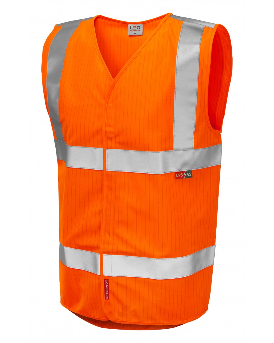 Leo Workwear Clifton LFS waistcoat in hi-vis orange, offering flame resistance and anti-static properties.
