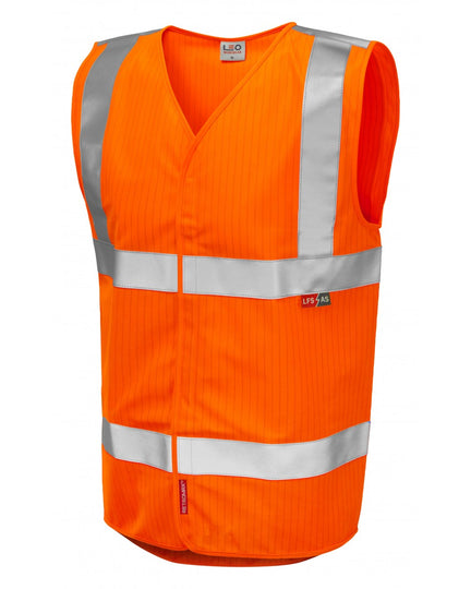 Leo Workwear Clifton LFS waistcoat in hi-vis orange, offering flame resistance and anti-static properties.