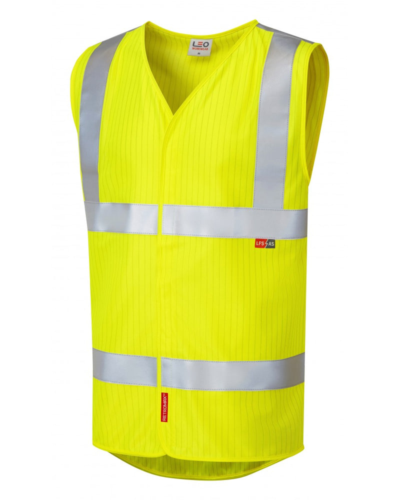 Leo Workwear Clifton LFS waistcoat in hi-vis yellow with limited flame spread and anti-static features.