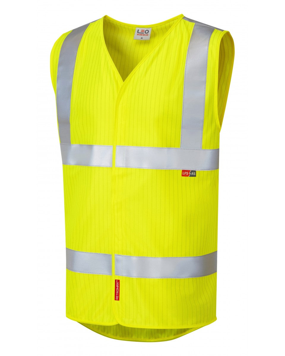 Leo Workwear Clifton LFS waistcoat in hi-vis yellow with limited flame spread and anti-static features.