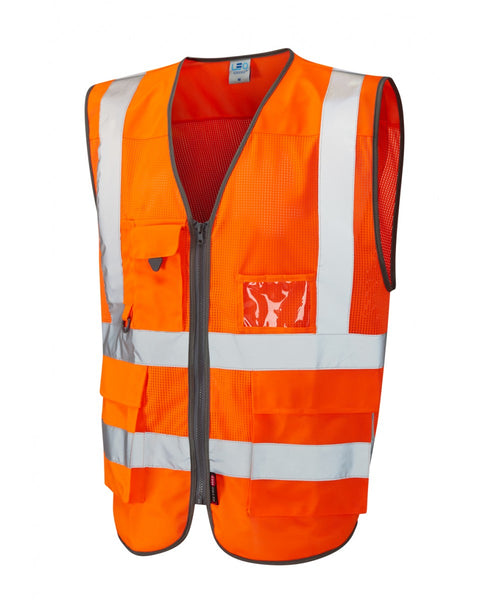 Hi-vis orange Leo Workwear Cobbaton Coolviz waistcoat, made from breathable fabric for superior comfort.
