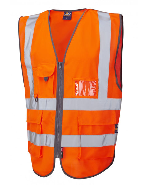Leo Workwear Barnstaple railway waistcoat in hi-vis orange.