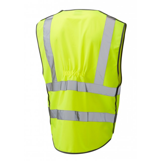 Rear view of the yellow Leo Workwear Barnstaple waistcoat, showing the ergonomic three-part construction.