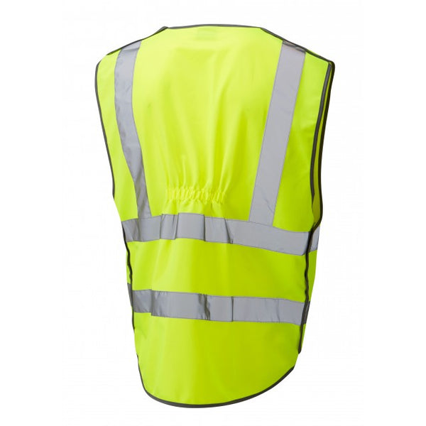 Rear view of the yellow Leo Workwear Barnstaple waistcoat, showing the ergonomic three-part construction.