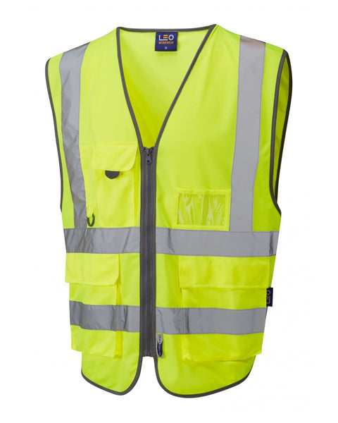 Hi-vis yellow Leo Workwear Barnstaple superior waistcoat with a unique three-part design for comfort.