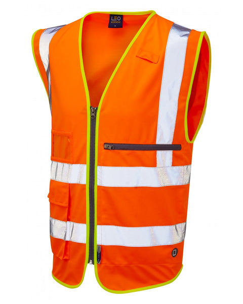 Hi-vis orange Leo Workwear Foreland waistcoat with a dedicated tablet pocket and full-length zip.