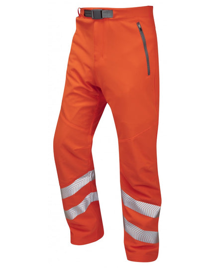 Leo Workwear Landcross stretch work trousers in hi-vis orange with four-way stretch for comfort.