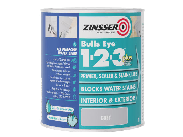 Zinsser Bulls Eye® 1-2-3 Plus Primer, Sealer & Stain Killer - Grey 1 Litre