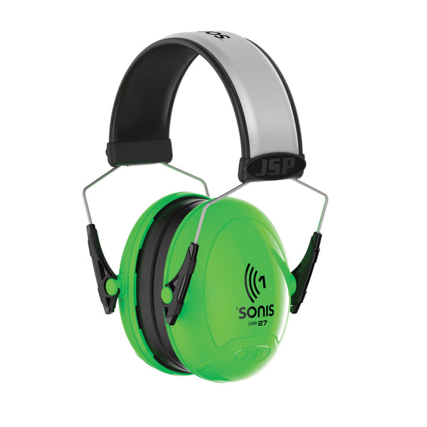 JSP Sonis1 Adjustable Extra Visibility Ear Defenders 27dB SNR - Bright Green