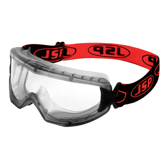JSP EVO Single Lens Safety Goggles - Clear Anti-scratch/Anti-mist Lens - Black / Red Strap