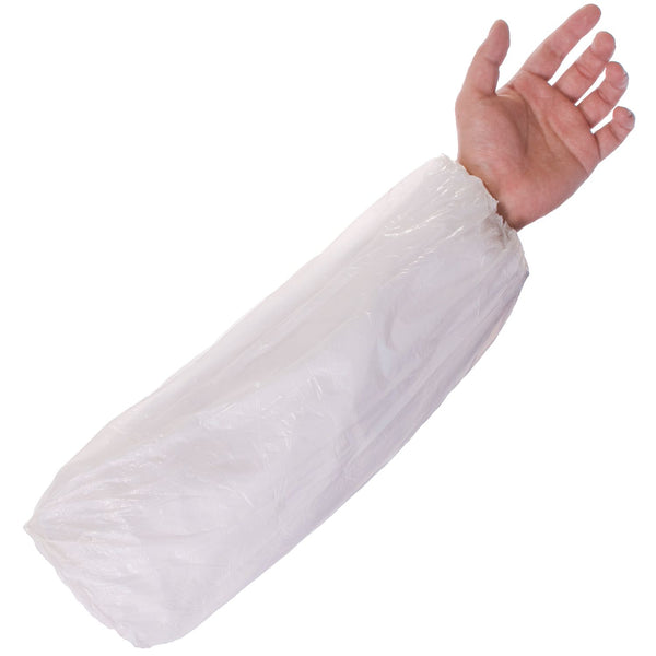 White PE disposable oversleeves, elasticated for secure fit, used in hygiene-critical workplaces.